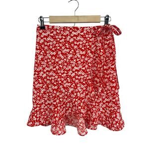 J Crew Mercantile Red Floral Ruffle Wrap Skirt XS Side Tie